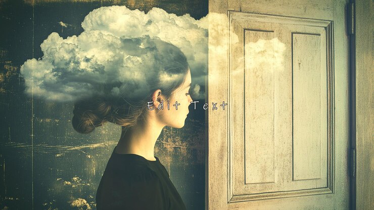 PSD mujer con la cabeza de nube junto a la puerta retrato surrealista