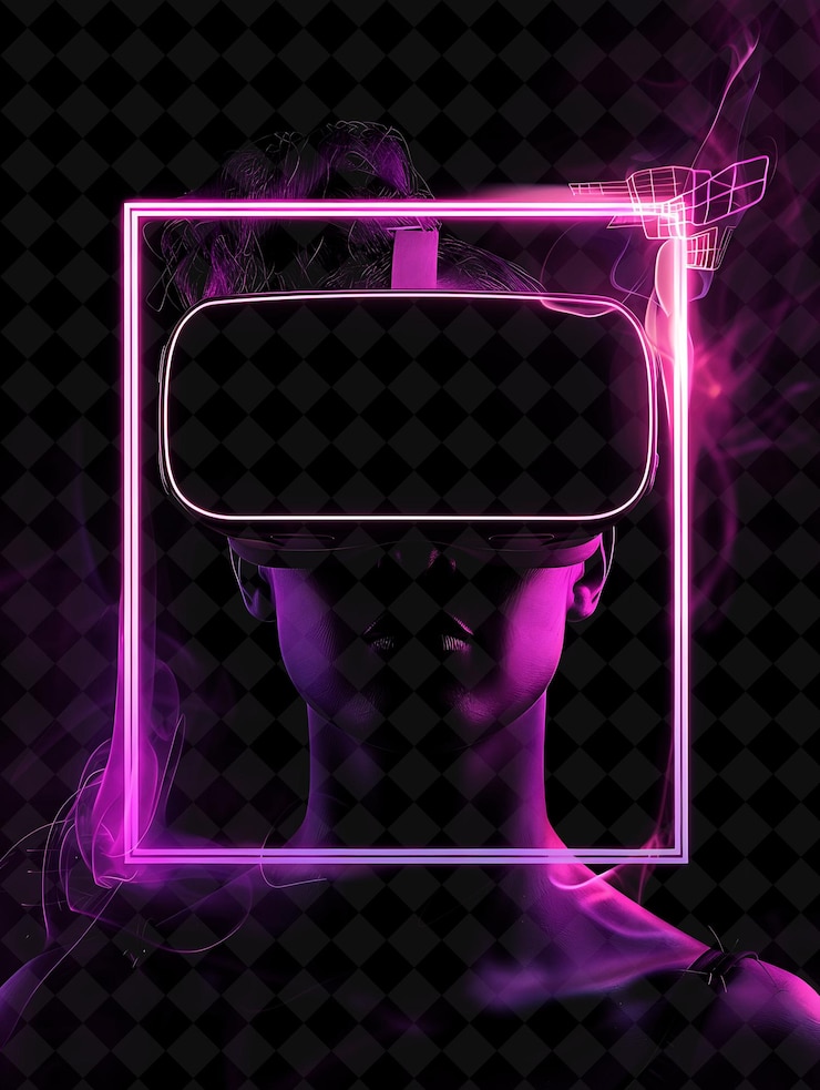 PSD una mujer con una cabeza de realidad virtual y un fondo rosa con la cara de una mujer delante de ella