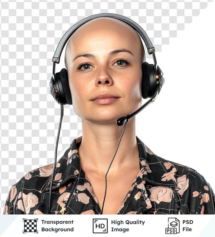PSD mujer calva usa auriculares para la comunicación antecedentes claros agente de servicio al cliente con profesional