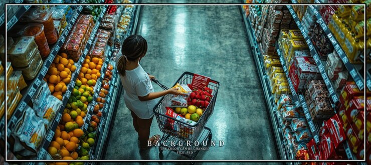 PSD una mujer camina por el pasillo de un supermercado mirando los productos en los estantes que está empujando