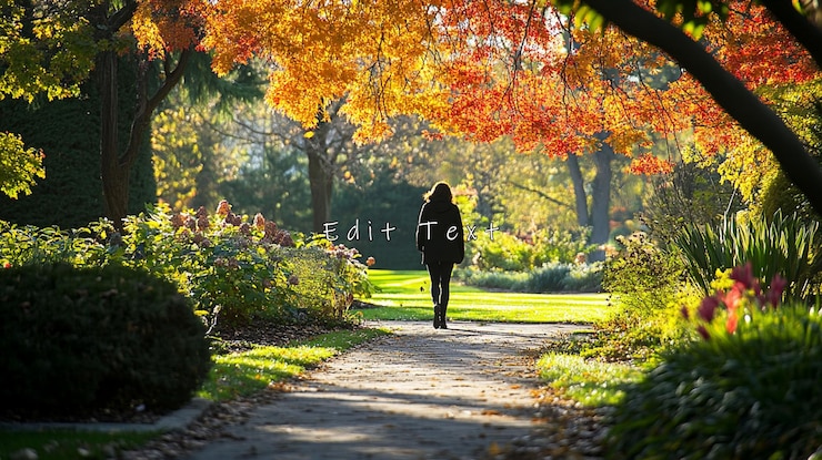 PSD mujer caminando en el parque de otoño camino follaje vibrante