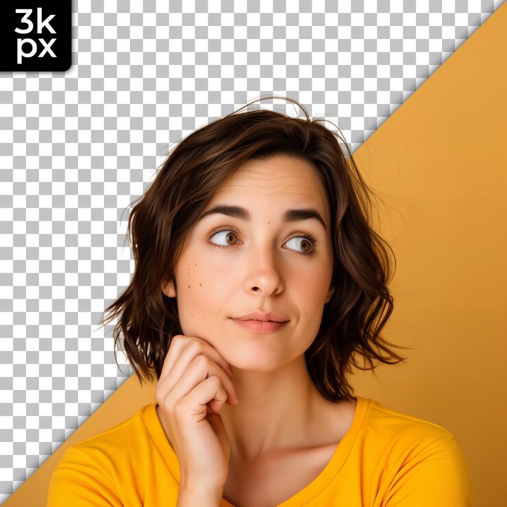 PSD una mujer con una camisa amarilla está de pie frente a una foto en blanco y negro