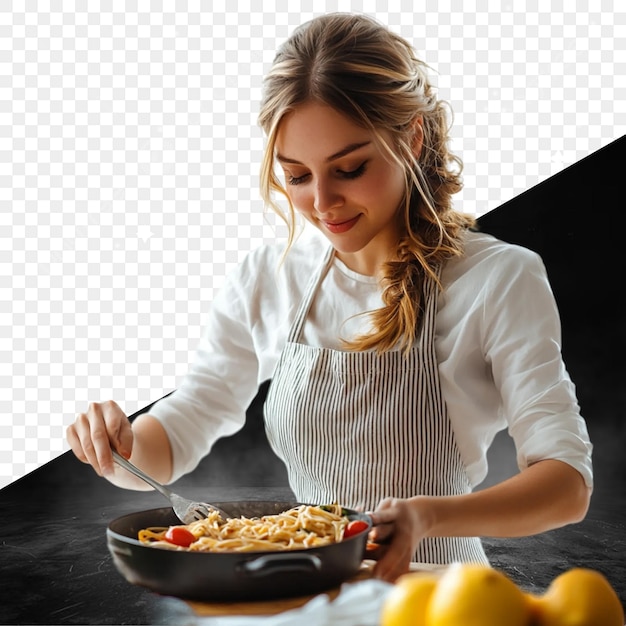 una mujer con una camisa blanca está cocinando una comida