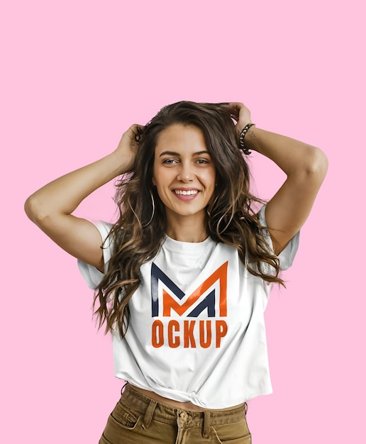 una mujer con una camisa blanca mockup PSD