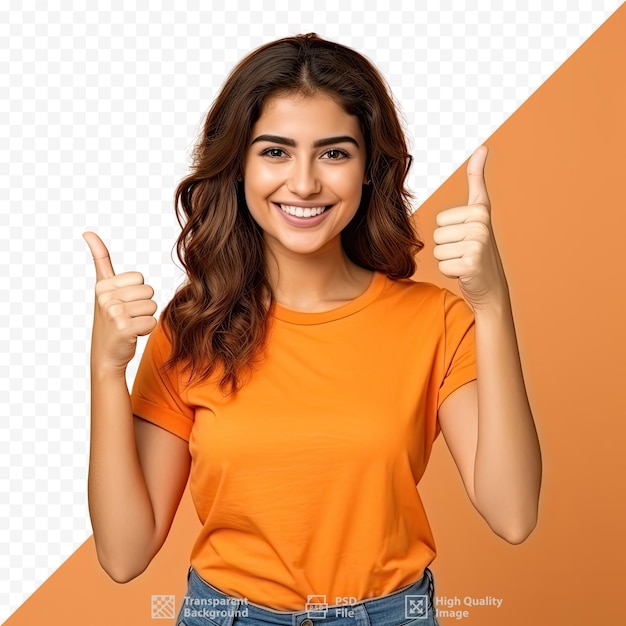 PSD una mujer con una camisa naranja levantando el pulgar.