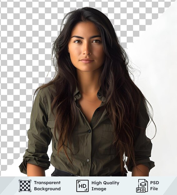 Mujer con camisa verde con botones y cabello largo posando en un fondo transparente de primera calidad