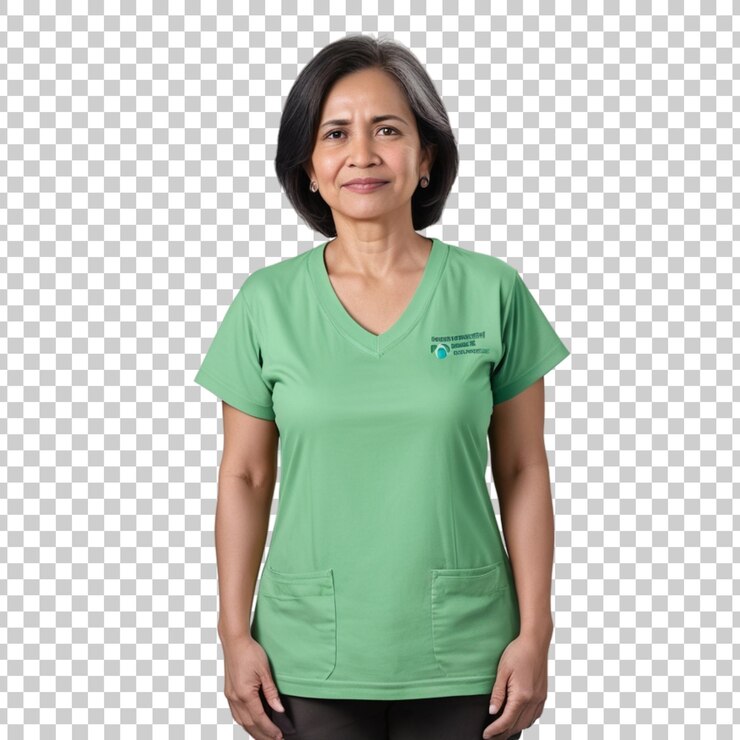 PSD una mujer con una camisa verde está de pie frente a una cuadrícula que dice que está de pie delante de una cuadrícula
