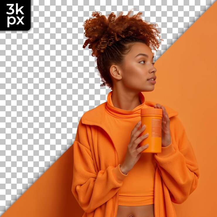PSD una mujer con una camiseta naranja sostiene una taza de jugo