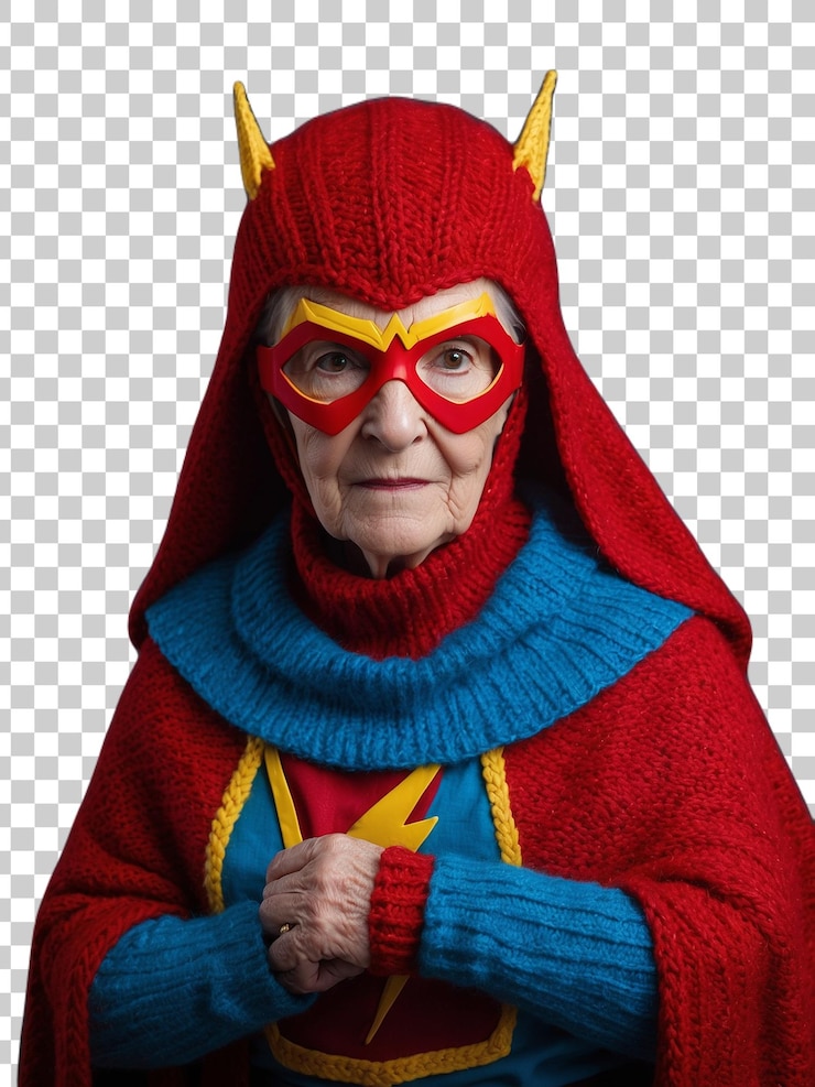 PSD una mujer con una capa roja y una máscara roja con una franja azul en la cara