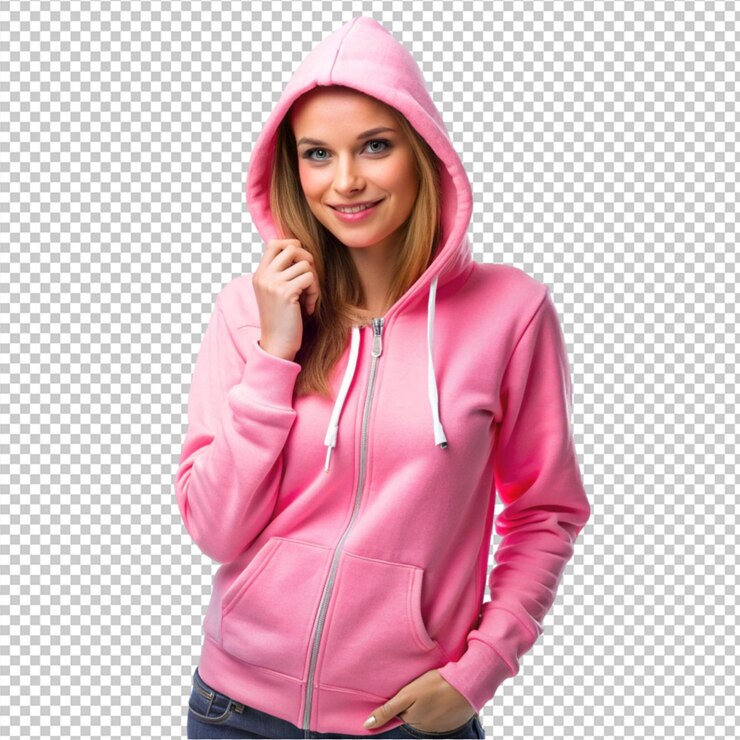 PSD una mujer con una capucha rosa con una hoodie rosa