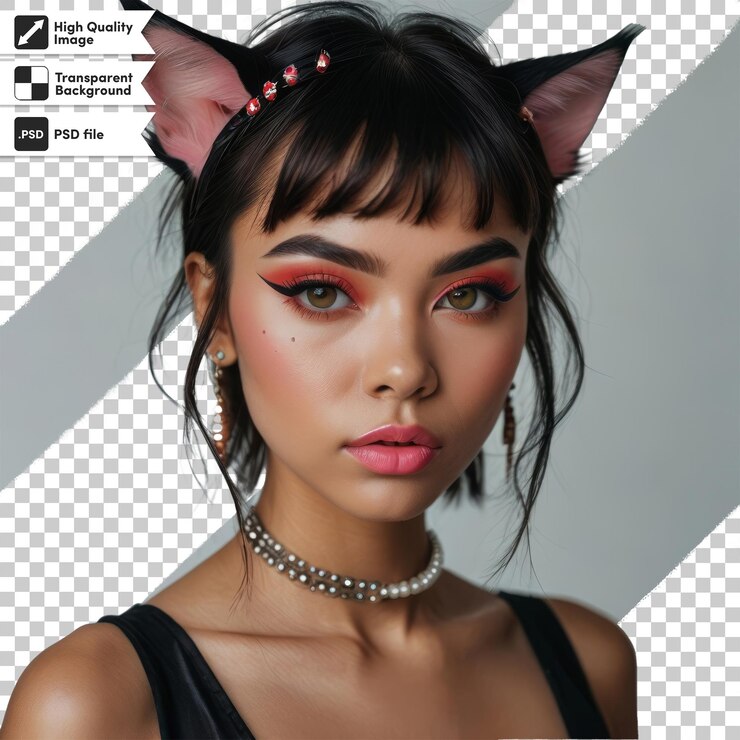 PSD una mujer con una cara de gato en la cabeza y ojos rosados