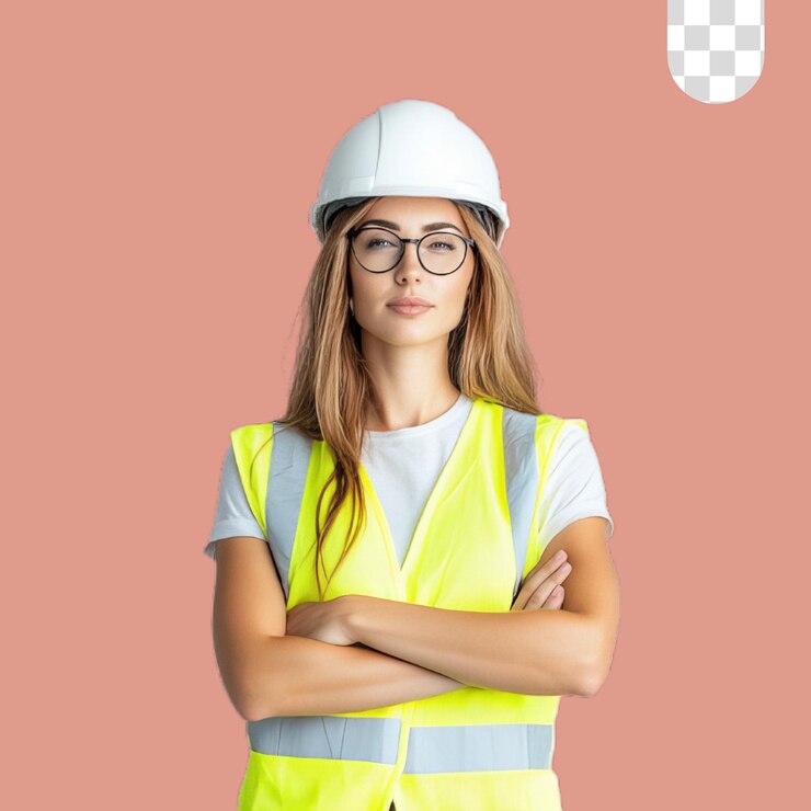 PSD una mujer con un chaleco de construcción y gafas está usando un chaleco amarillo