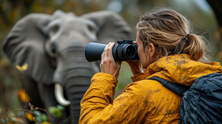 PSD una mujer con una chaqueta amarilla fotografía a un elefante en la naturaleza