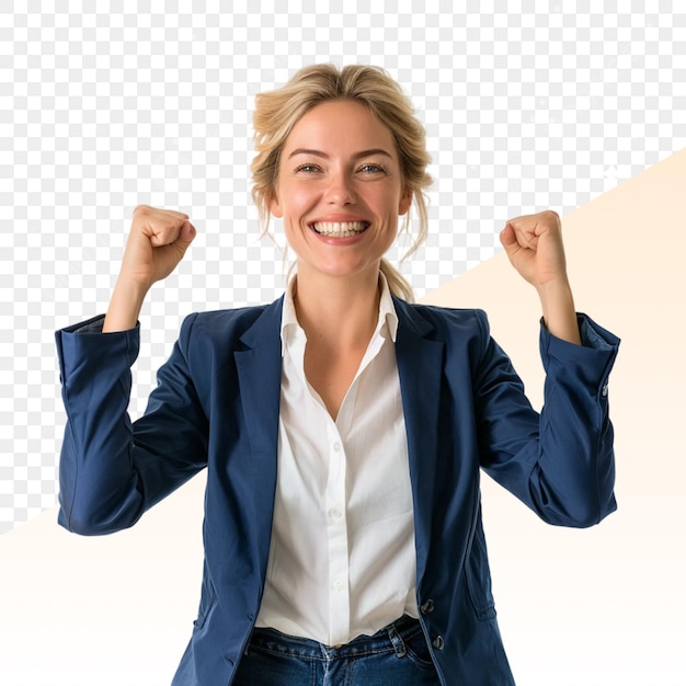 una mujer con una chaqueta azul está sonriendo y la palabra "ella es feliz"
