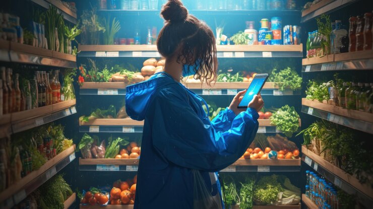 PSD una mujer con una chaqueta azul y una máscara facial usa su tableta para comprobar su lista de comestibles mientras hace compras en el pasillo de productos