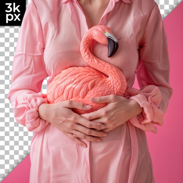 PSD una mujer con una chaqueta rosa con un flamenco rosa en la espalda