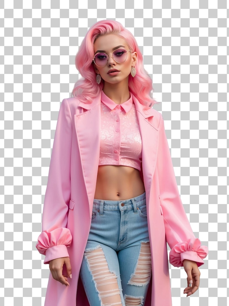 PSD una mujer con una chaqueta rosa y pantalones cortos azules está de pie frente a un fondo a cuadros