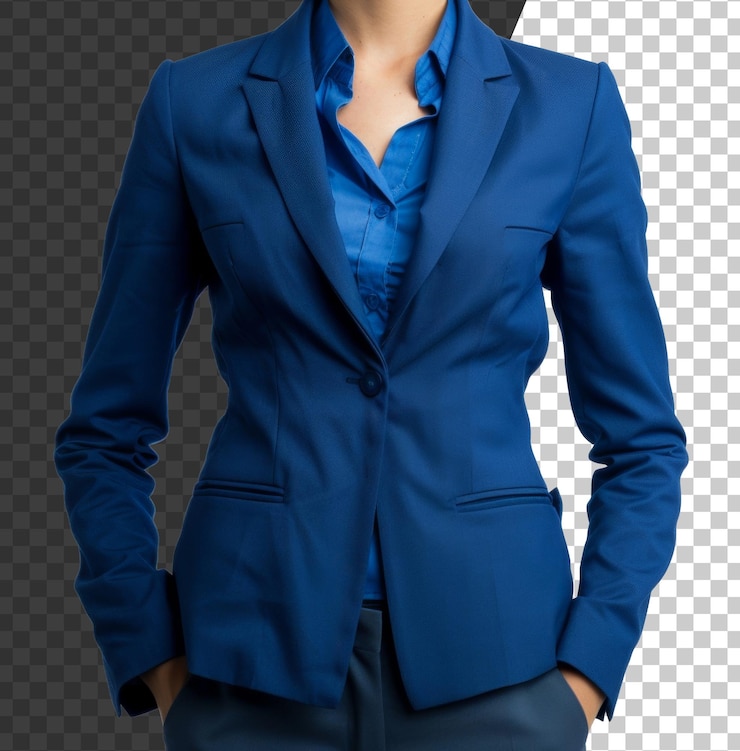 PSD una mujer con una chaqueta de traje azul y una camisa azul png