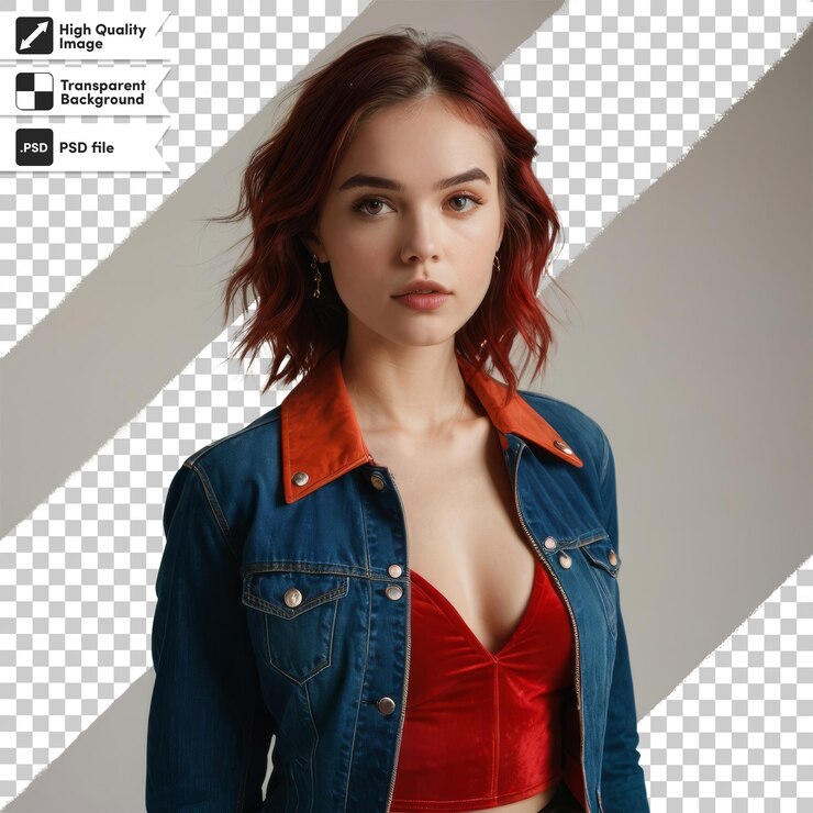 PSD una mujer con una chaqueta de vaqueros con el cabello rojo