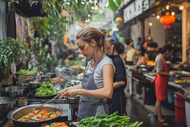 PSD mujer chef cocinando comida asiática en un bullicioso mercado al aire libre