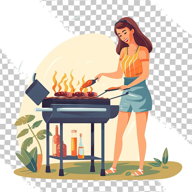 Mujer cocina comida en la parrilla Ilustración vectorial plana aislada en fondo transparente Parrilla de barbacoa