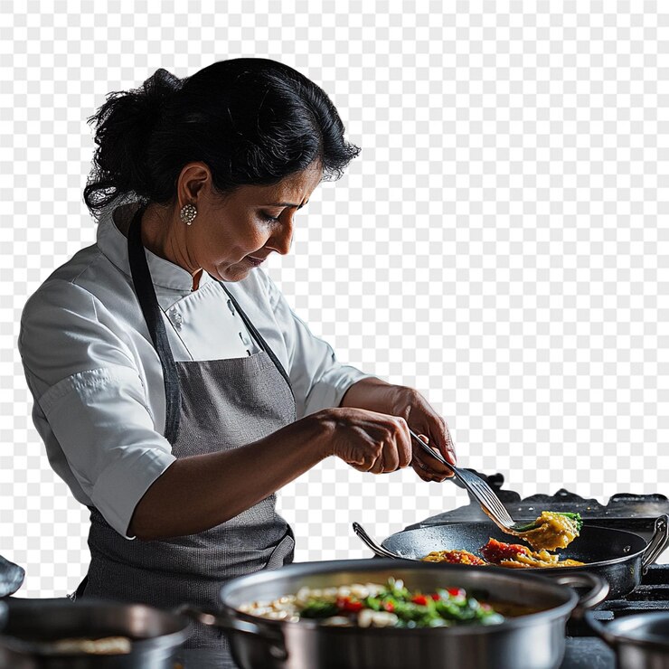 PSD una mujer cocinando en una cocina con un chef cocinando comida