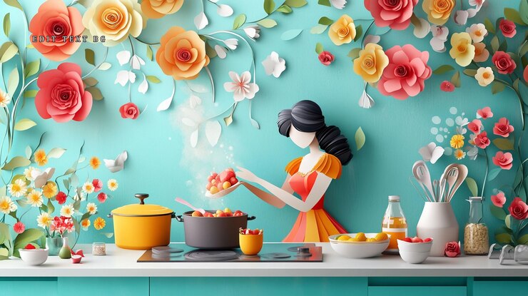 PSD mujer cocinando en una cocina floral de corte de papel