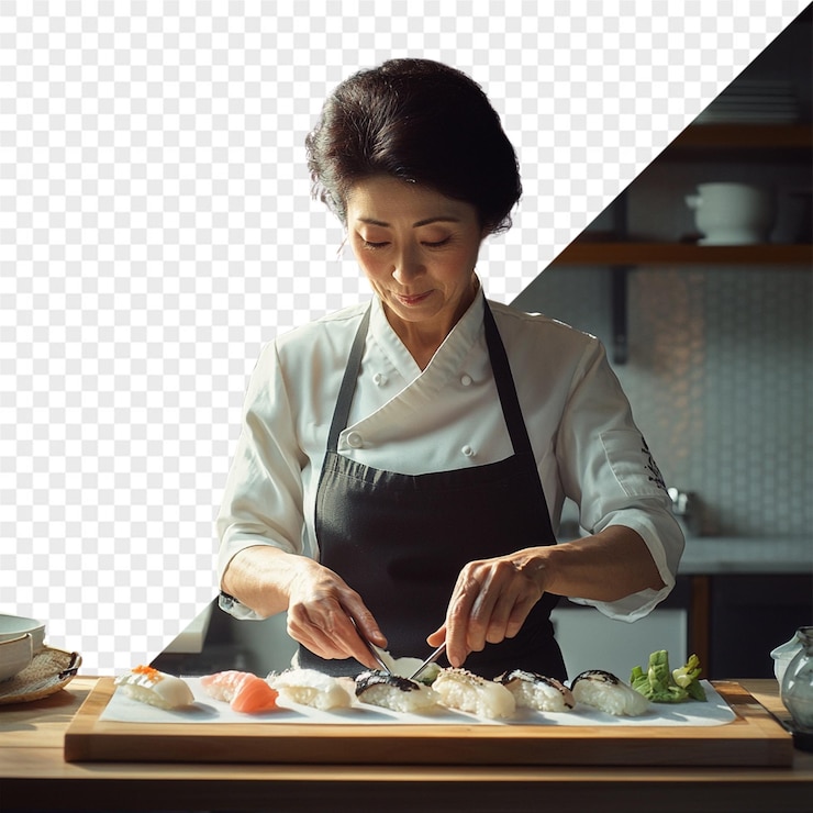 PSD una mujer cocinando comida en una cocina con una imagen en blanco y negro de un chef preparando comida