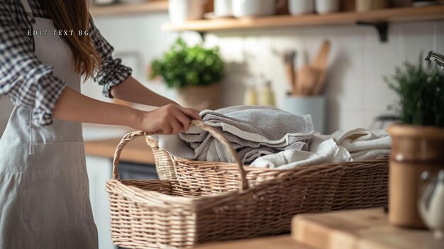 Mujer colocando la ropa limpia en una canasta de mimbre en una cocina