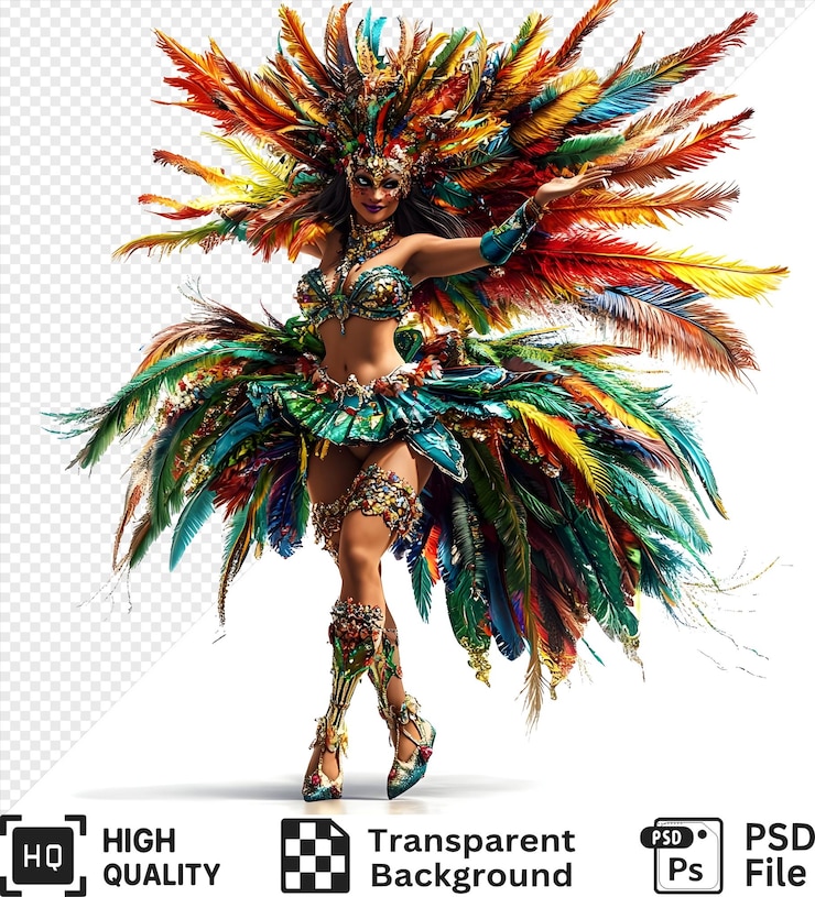 PSD una mujer en un colorido disfraz de carnaval con plumas y joyas aisladas en un fondo transparente