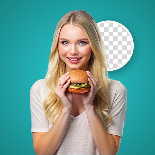 PSD una mujer comiendo una hamburguesa de pollo.