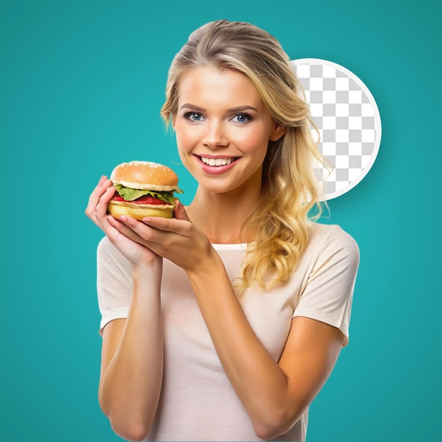 Una mujer comiendo una hamburguesa de pollo.