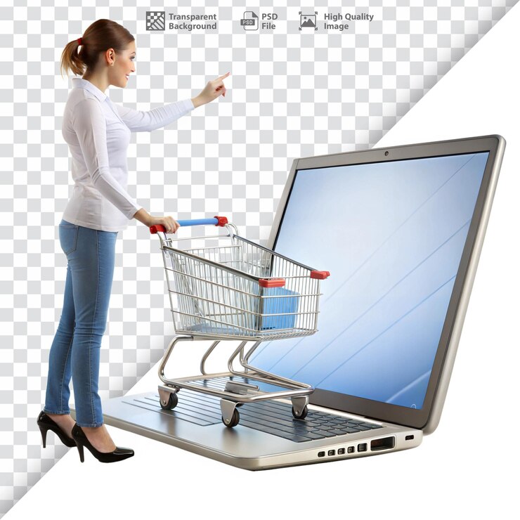 Mujer comprando en línea con una computadora portátil gigante