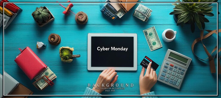 PSD mujer comprando en línea para el cyber monday con tarjeta de crédito en la mesa azul