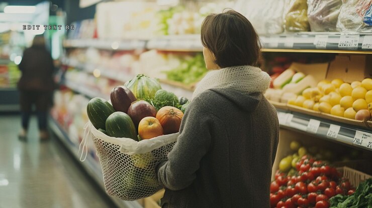 PSD mujer comprando productos frescos en un supermercado con una bolsa de malla llena de frutas y verduras