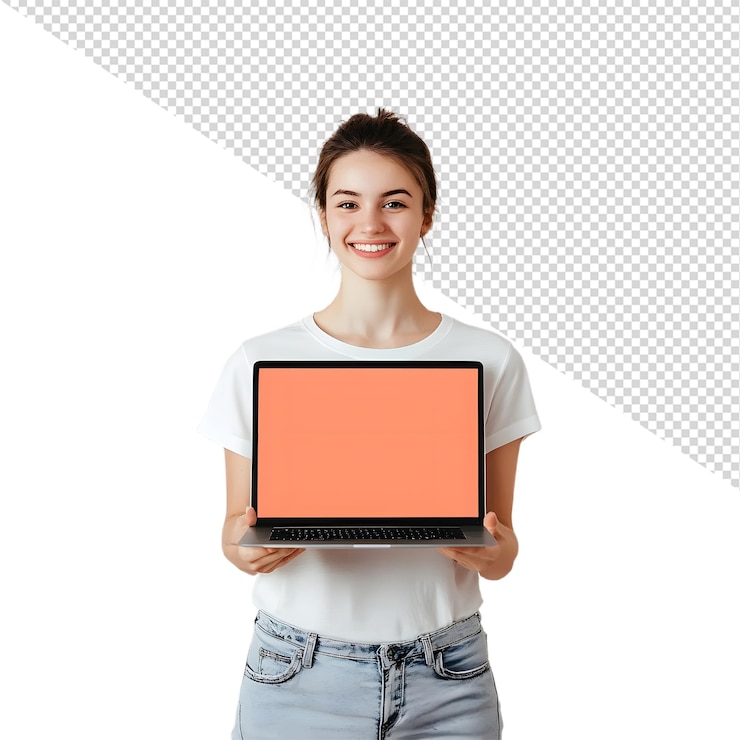 PSD mujer con una computadora portátil con pantalla en blanco