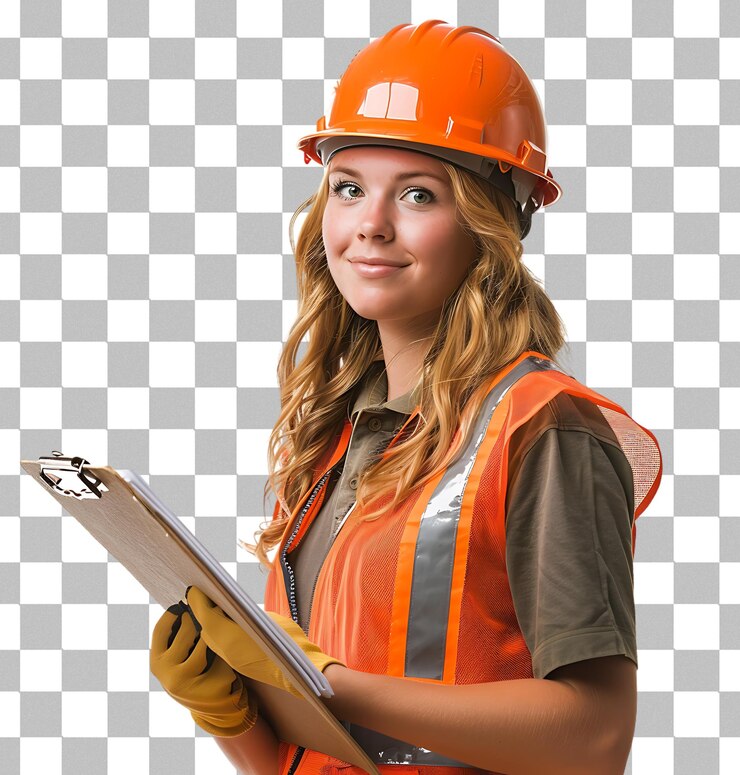 PSD mujer de la construcción con clipboard en un fondo transparente