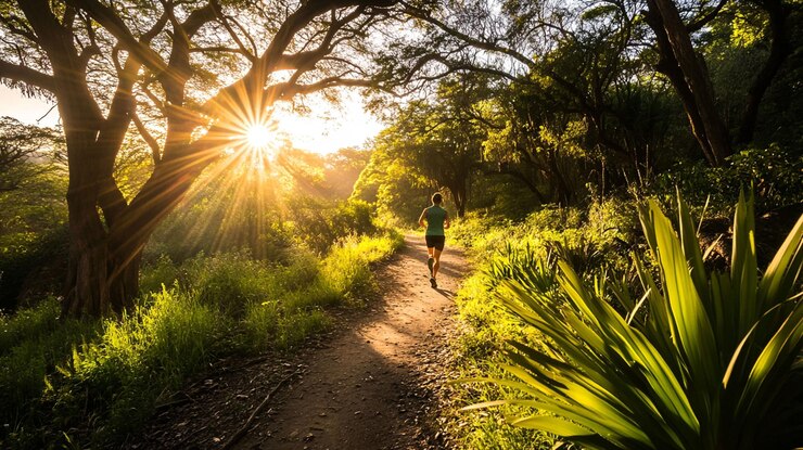 PSD mujer corriendo por un sendero a través de un bosque exuberante al atardecer