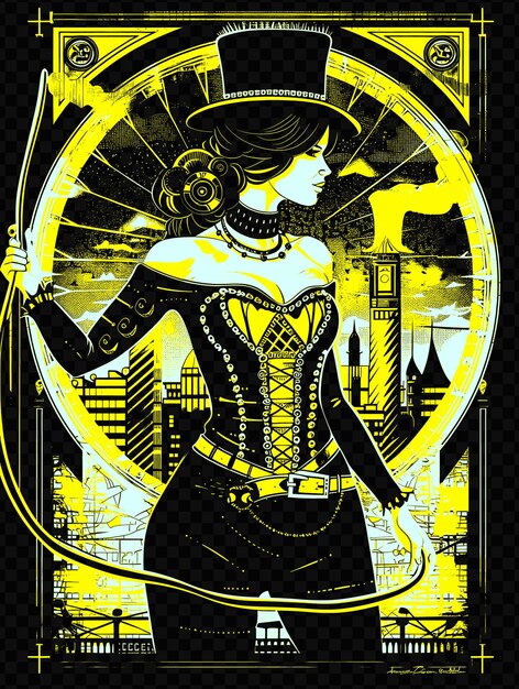 Mujer con corsé y sombrero alto sosteniendo un látigo steampunk citys psd diseño de arte concepto de cartel banner