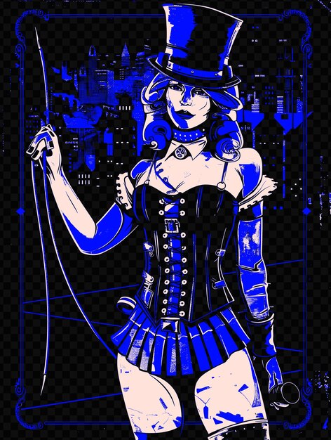 PSD mujer con corsé y sombrero alto sosteniendo un látigo steampunk citys psd diseño de arte concepto de cartel banner