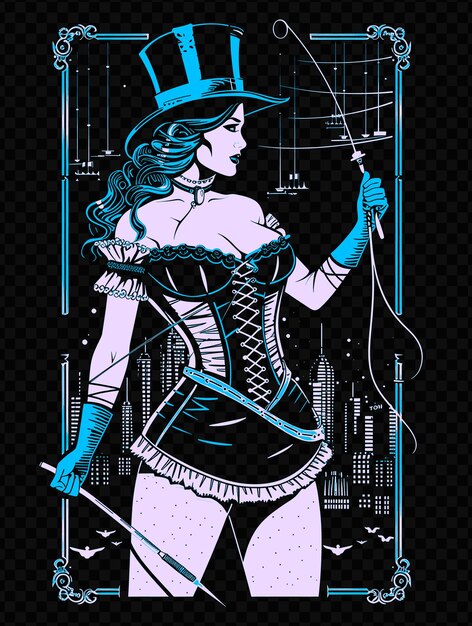 PSD mujer con corsé y sombrero alto sosteniendo un látigo steampunk citys psd diseño de arte concepto de cartel banner