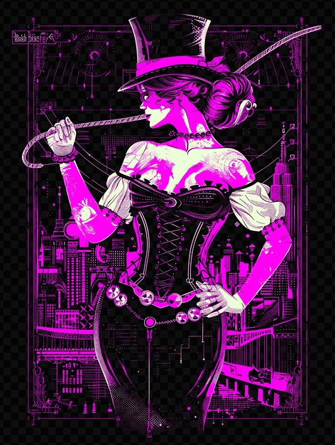 PSD mujer con corsé y sombrero alto sosteniendo un látigo steampunk citys psd diseño de arte concepto de cartel banner