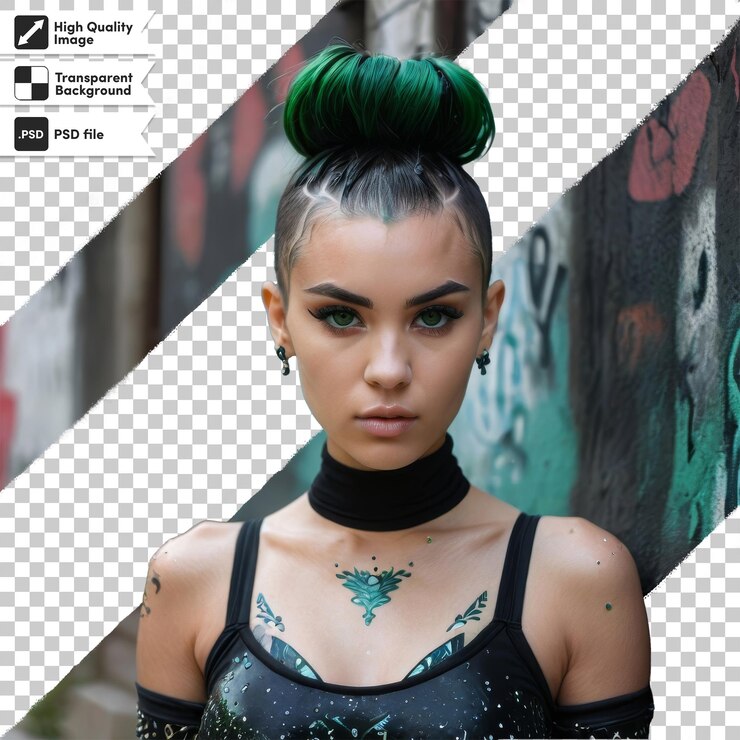PSD una mujer con un corte de pelo verde está de pie frente a una pared con graffiti en ella