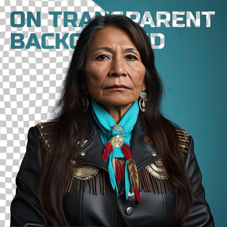 PSD una mujer curiosa de mediana edad con cabello largo de la etnia nativa americana vestida con vestimenta de recuerdos de scrapbooking posa con un cuello de chaqueta contra un respaldo pastel turquesa