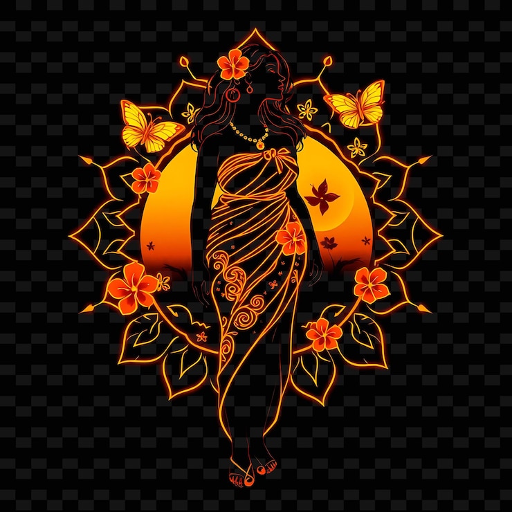 PSD mujer curva en sarong neon mandala diseño artístico con tema de atardecer naranja y amarillo decorado con hi1