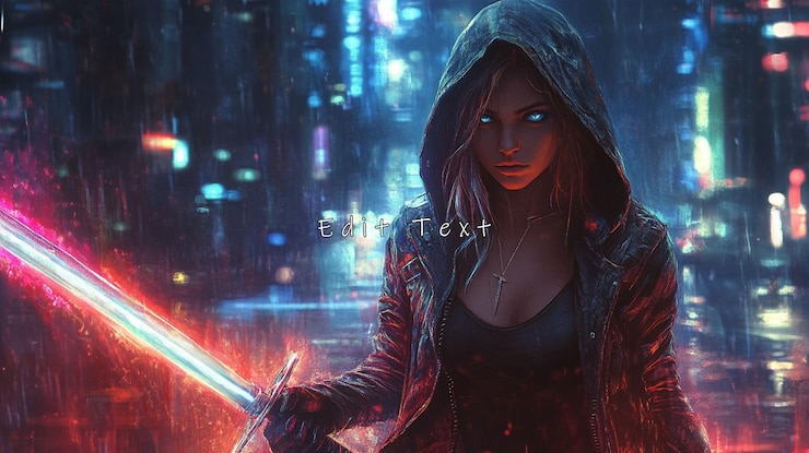 PSD mujer cyberpunk con una espada brillante en la lluvia