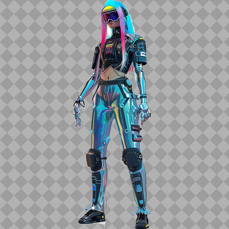 PSD mujer cyberpunk hacker con cabello de neón de forma elegante ilustración de personajes 3d aislados