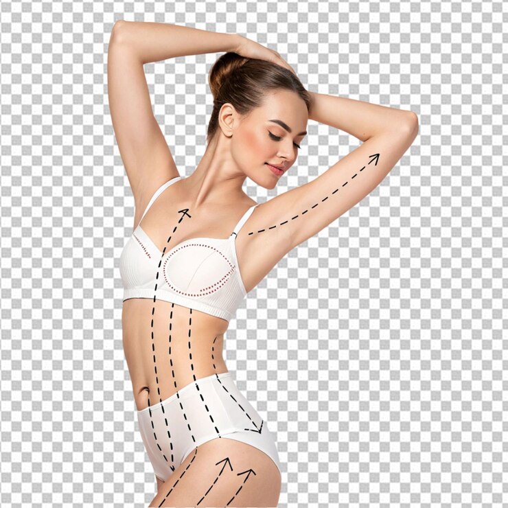 PSD mujer delgada en ropa interior con contornos dibujados alrededor de la figura posando mostrando su forma de cuerpo en forma