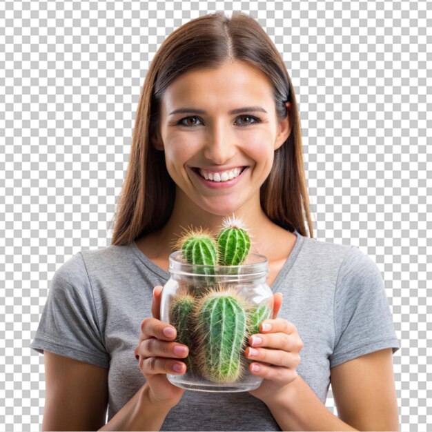 Mujer delgada sonriendo felizmente con una mano en la cadera y segura sosteniendo un concepto de granjero de cactus