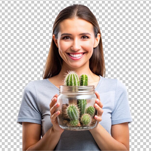 Mujer delgada sonriendo felizmente con una mano en la cadera y segura sosteniendo un concepto de granjero de cactus